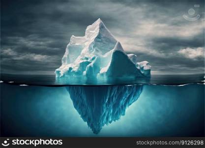 Large white iceberg floating in the frozen ocean with underwater beautiful transparent view. Concept of polar geographic. Finest generative AI.. Large white iceberg floating ocean with underwater view.