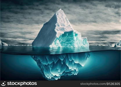 Large white iceberg floating in the frozen ocean with underwater beautiful transparent view. Concept of polar geographic. Finest generative AI.. Large white iceberg floating ocean with underwater view.