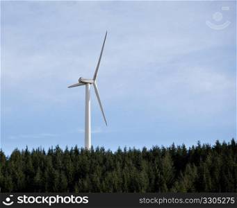 Large wind based electricity turbine rising above the tree line against a blue sky