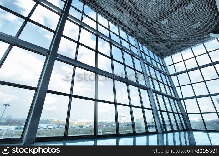 Large window of industrial building close up