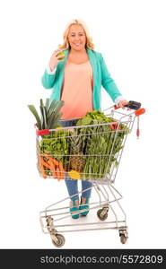 Large woman at the supermarket in search for healthy food - diet concept