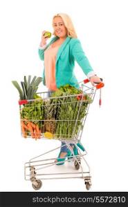 Large woman at the supermarket in search for healthy food - diet concept