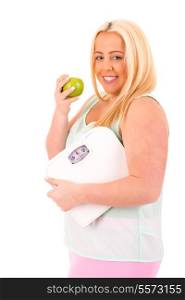 Large woman holding a scale - diet concept