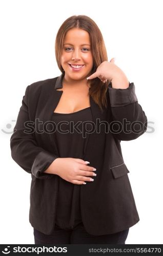 "Large woman making "call me" sign with her hand"