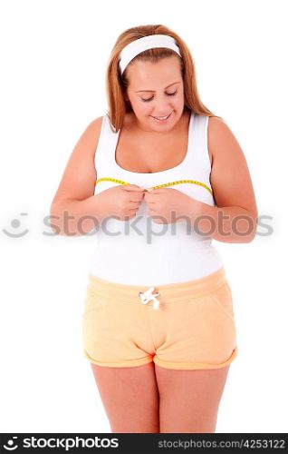 Large woman measuring her body - isolated over white