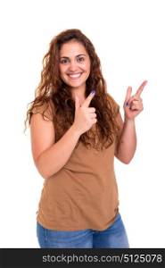 Large woman pointing at you, isolated over white