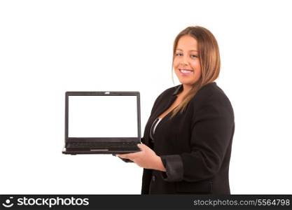 Large woman presenting your product in a laptop computer
