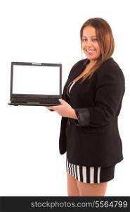 Large woman presenting your product in a laptop computer