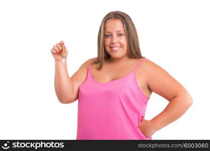 Large woman very happy after buying a new house