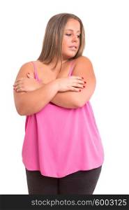 Large woman worried about her weight, isolated over white