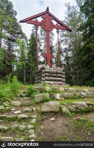 Large wooden cross on the Sekirnaya mountain on Solovki, summer 2017, Arkhangelsk oblast, Russia.