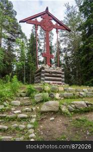Large wooden cross on the Sekirnaya mountain on Solovki, summer 2017, Arkhangelsk oblast, Russia.