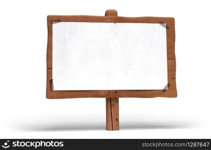 large wooden panel over white background. A white paper is fixed on the wood sign with plastic tape for writing communication message. green sign, eco wood post, wooden panel