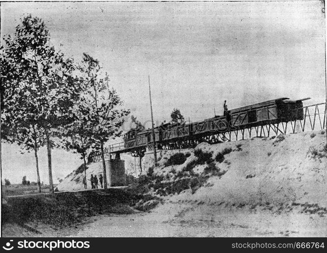 Lartigue Monorail, Feurs line to Panissieres, vintage engraved illustration. Industrial encyclopedia E.-O. Lami - 1875.