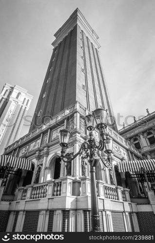 LAS VEGAS, NEVADA - NOVEMBER, 2017: View of The Venetian Hotel Resort and Casino and other attractions along the Vegas Strip on a sunny day