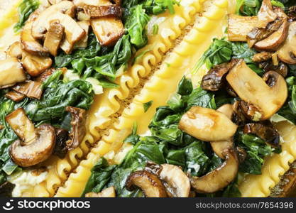 Lasagne with mushrooms,champignons,cheese and spinach. Traditional Italian food.. Close up of traditional lasagna