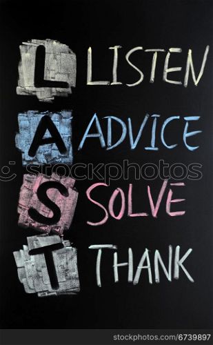 LAST acronym - Listen,advice,solve and thank written on a blackboard