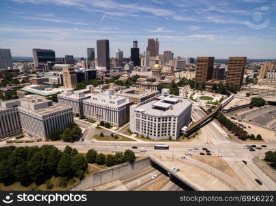 Late afternoon sunny summer day in downtown Atlanta looking from a birdseye aerial view.