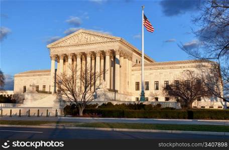 Late afternoon winter sun illuminates front of supreme court in Washington in winter