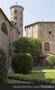 Lateral view of the Duomo, Campanile and Baptistery of Neon in Ravenna, Italy