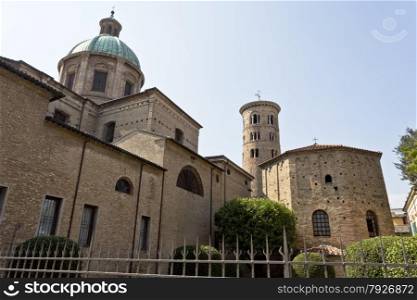 Lateral view of the Duomo, Campanile and Baptistery of Neon in Ravenna, Italy