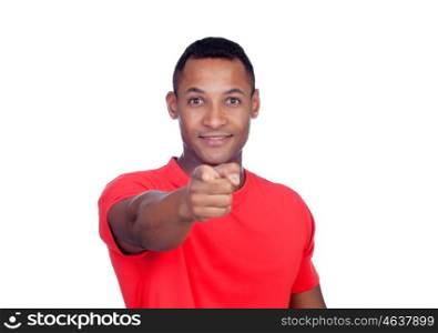 Latin American casual man pointing at the camera with finger isolated on white