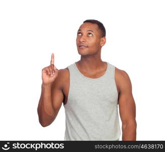 Latin American casual man pointing pointing up with finger isolated on white