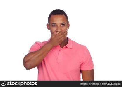 Latin casual men covering his mouth isolated on a white background