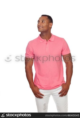 Latin casual men looking at side isolated on a white background