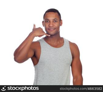 Latin casual men making phone call gesture isolated on a white background
