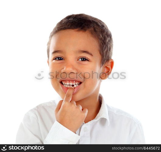 Latin child showing his new teeth isolated on a white background