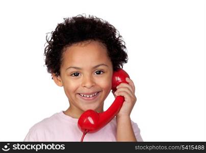 Latin child with red phone isolated on white background