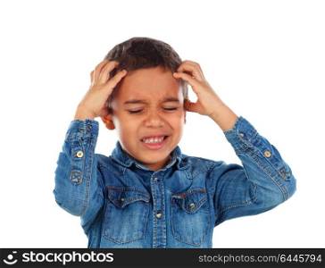 Latin kid with headache isolated on a white background