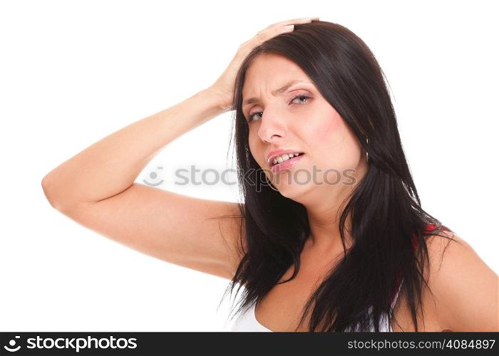 Latin woman suffering from headache isolated on white