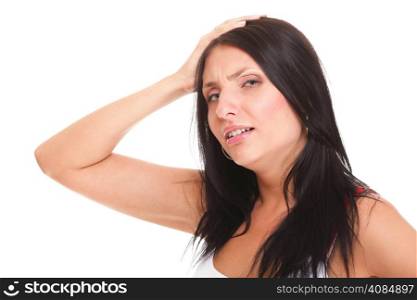 Latin woman suffering from headache isolated on white