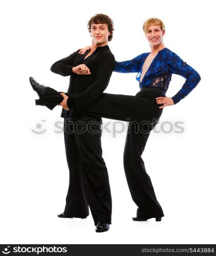 Latino male dancer holding leg of his funny posing friend&#xA;