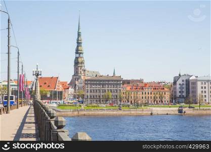 Latvia, city Riga, old town center, peoples and architecture. Travel photo from bridge. 2018