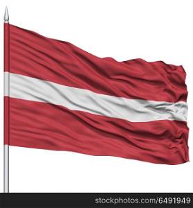 Latvia Flag on Flagpole , Flying in the Wind, Isolated on White Background