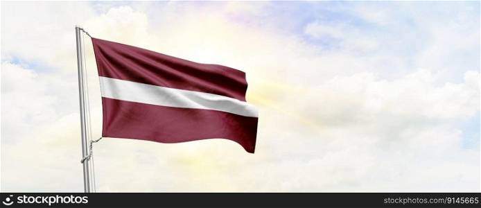 Latvia flag waving on sky background. 3D Rendering