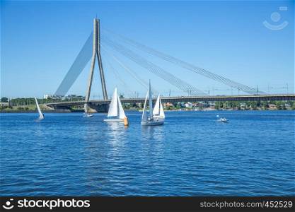 Latvia, Riga, Bridge and yachts. 2015