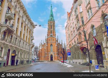 Latvia, Riga, Gertrudes church, old town center, peoples and architecture. 2018 Old and silent town. Travel photo.