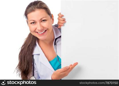laughing beautiful nurse and a poster isolated on white background