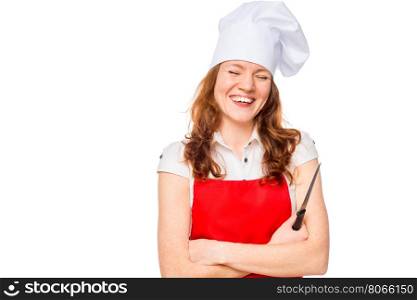 laughing chef in red apron with a sharp knife isolated