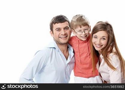 Laughing family on a white background
