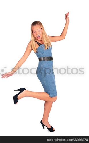 laughing girl stand on one foot