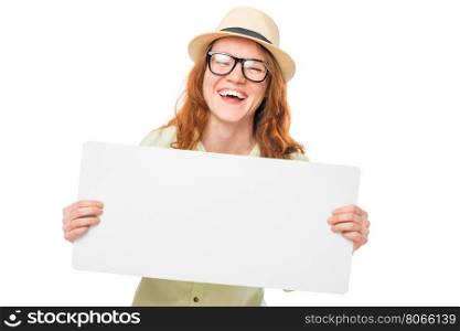 laughing girl with a poster for an inscription isolated on white background