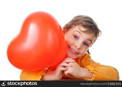 laughing little girl holds heart shape balloon isolated on white background
