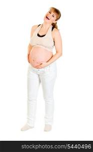 Laughing pregnant holding her tummy isolated on white background&#xA;