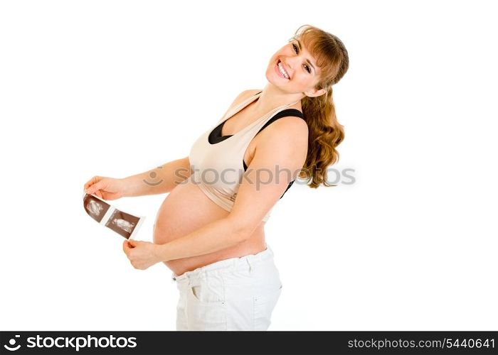 Laughing pregnant woman holding echo in hands isolated on white&#xA;