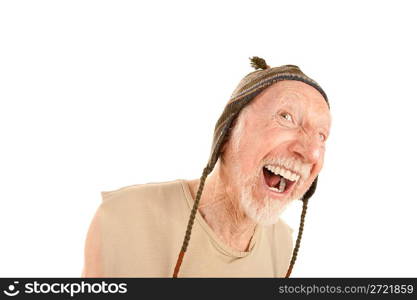 Laughing senior man in knit cap